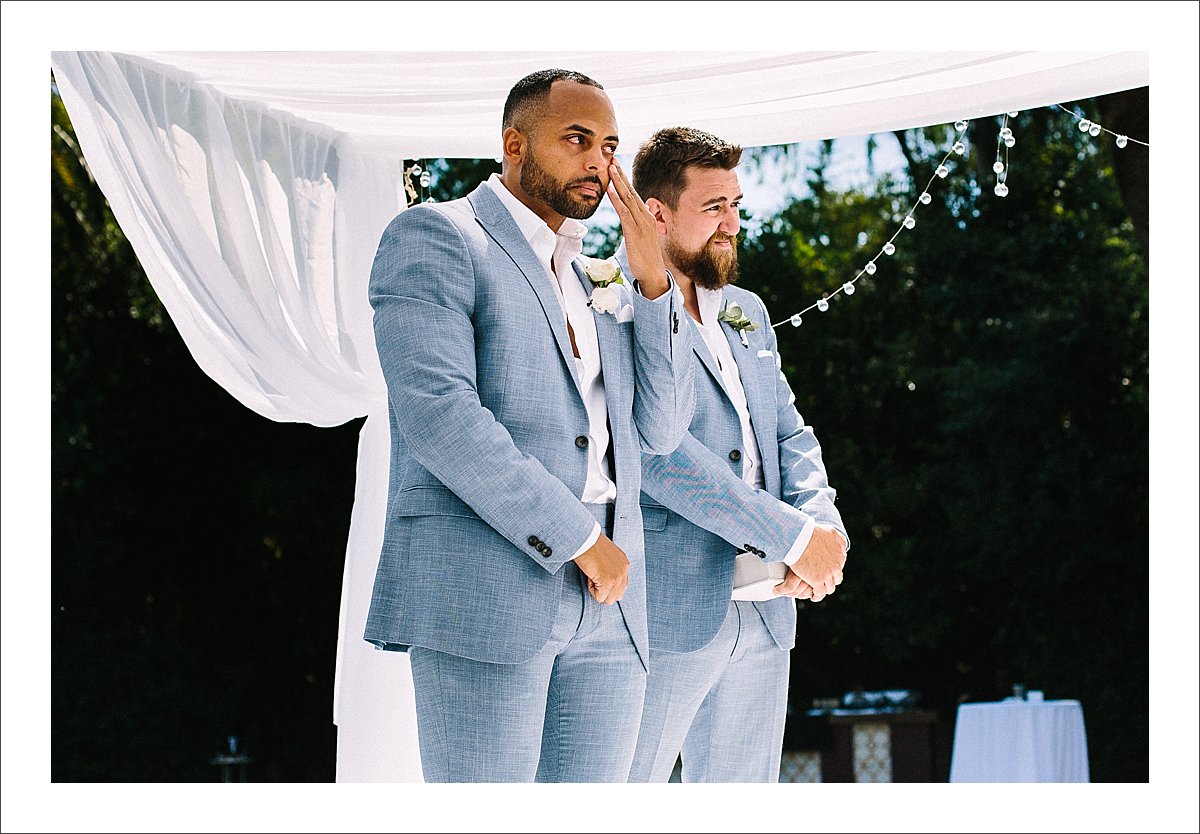 groom wiping tears at wedding in Marbella at Finca La Concpecion